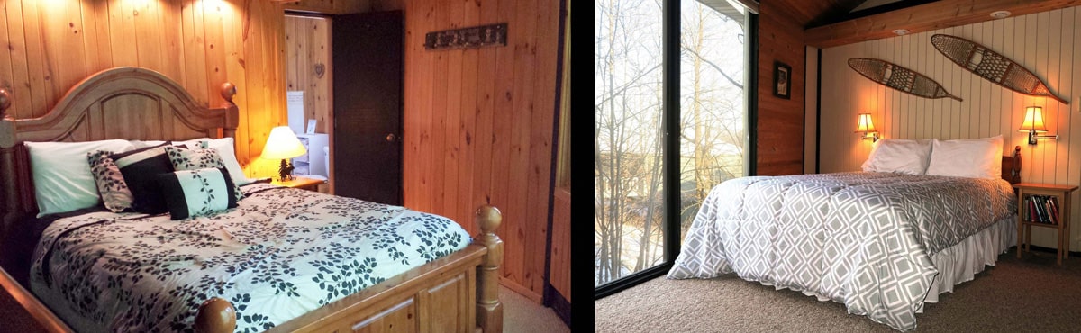 A view inside of two Mountain Villas showing a master bedroom with bath, and a bedroom with a great view