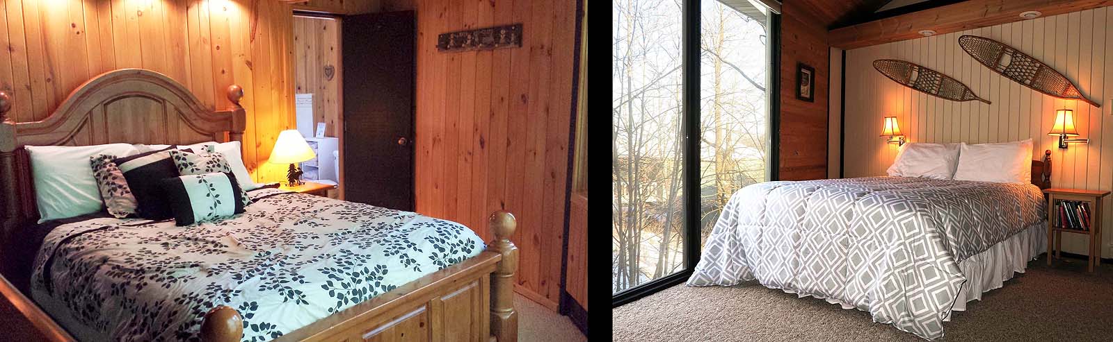 A view inside of two Mountain Villas showing a Master bedroom with bath, and a bedroom with a great view