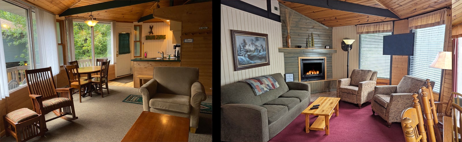 A view inside of two Mountain Villas showing an eating area and a living room