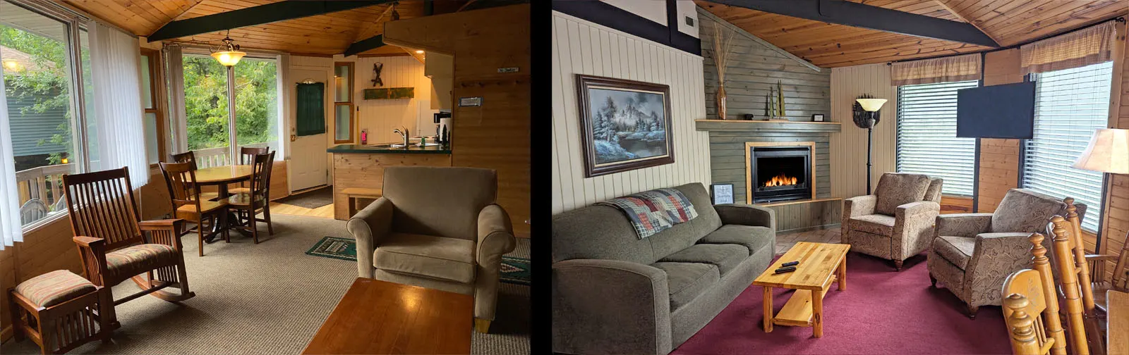 A view inside of two Mountain Villas showing an eating area, and a living room