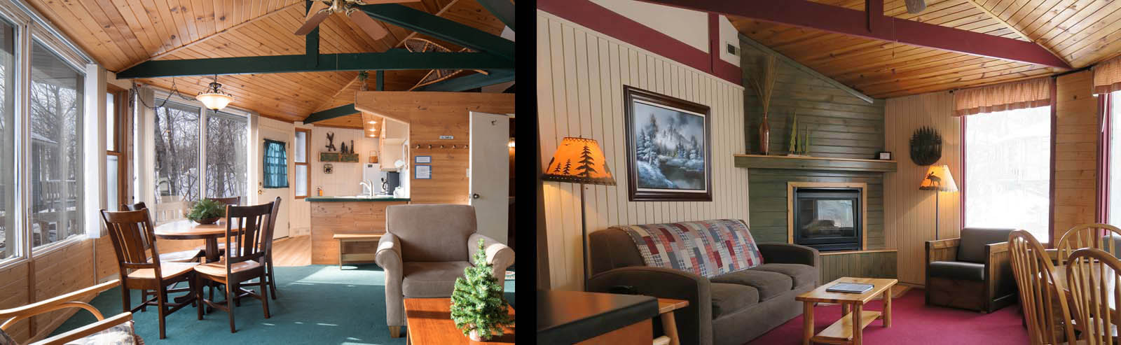 A view inside of two Mountain Villas showing an eating area, and a living room